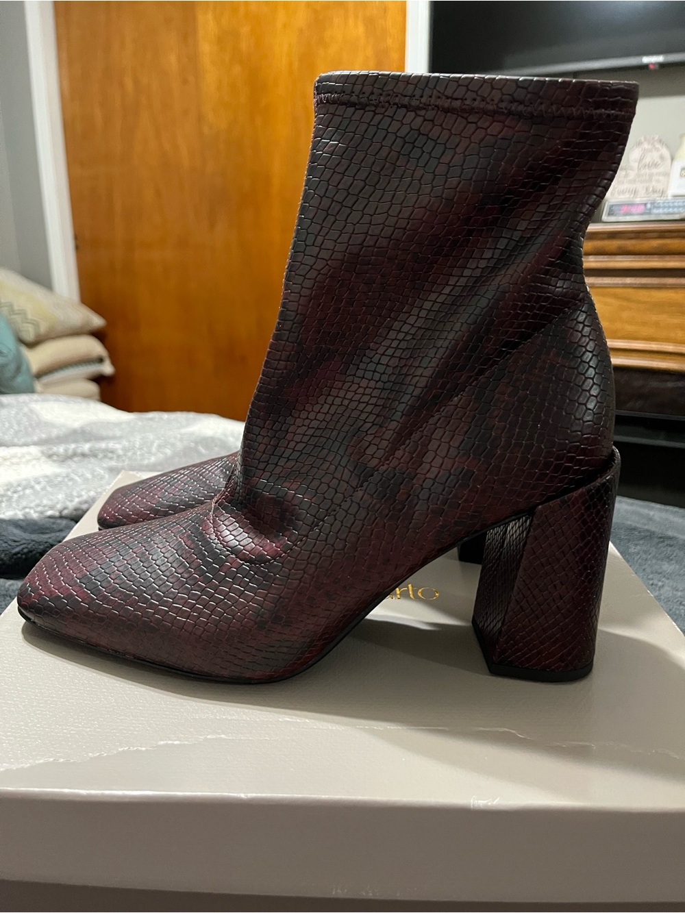 Franco Sarto Burgundy Textured Block Heel Booties